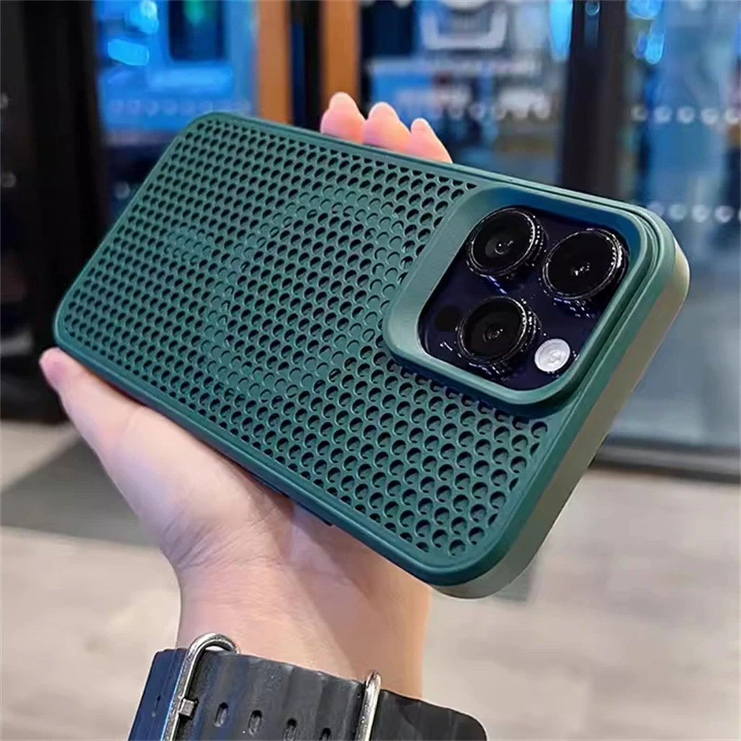 Coque magnétique respirante avec design en maille pour iPhone 12 - Vert Foncé