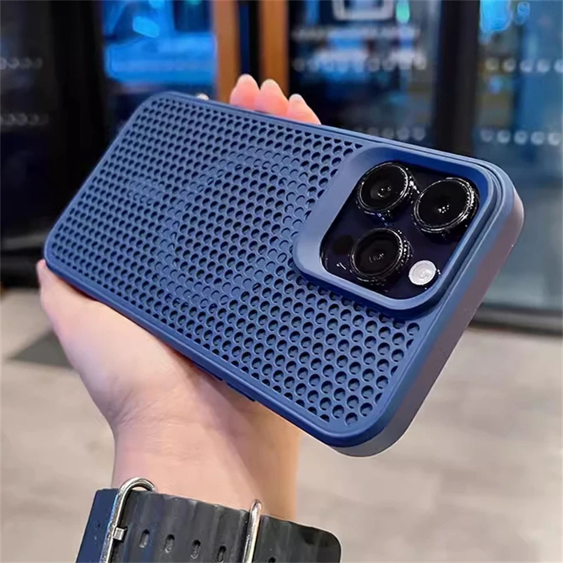 Coque magnétique respirante avec design en maille pour iPhone 12 - Bleu
