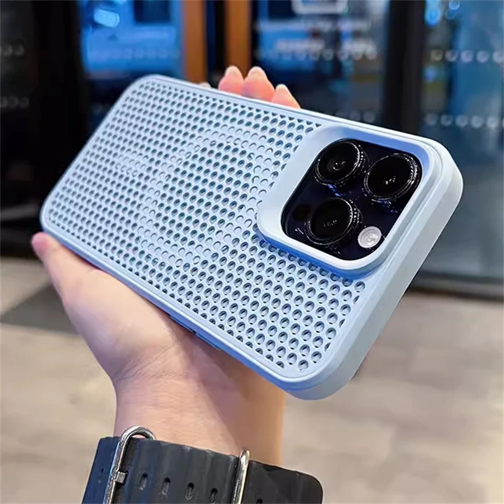 Coque magnétique respirante avec design en maille pour iPhone 12 - Bleu Ciel